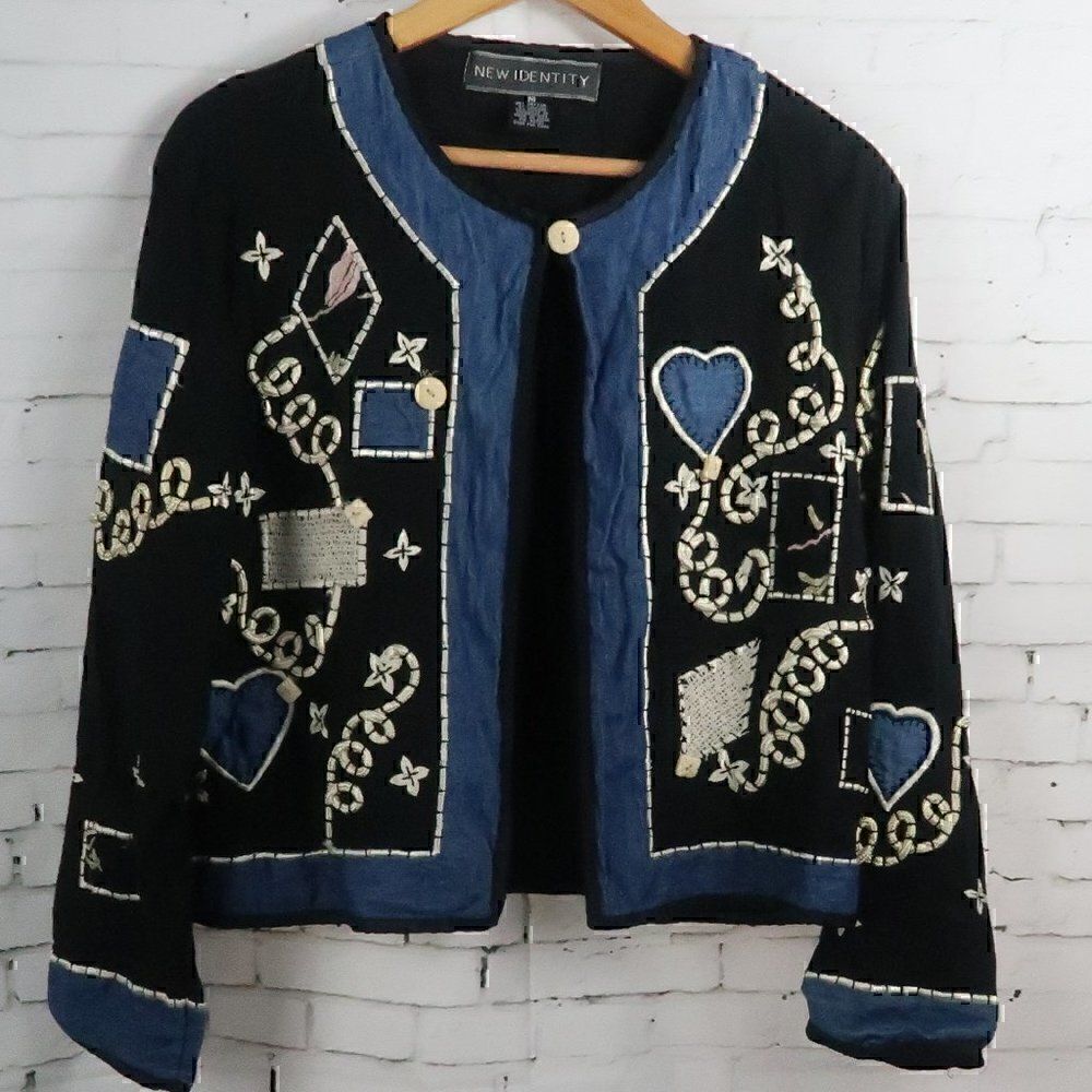 NEW IDENTITY BLACK & BLUE DENIM EMBROIDERED LONG SLEEVE CROP JACKET MEDIUM